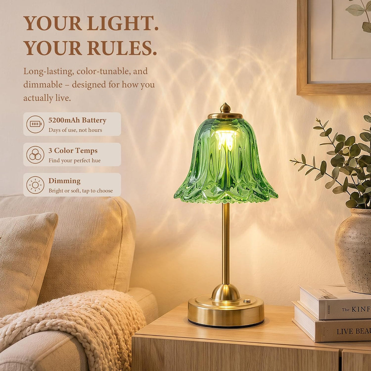 Cordless Table Lamp, Rechargeable Battery Operated Flower Touch Lamp, Green