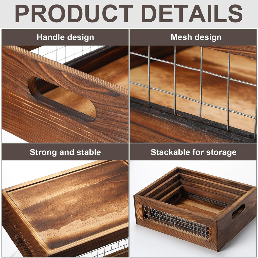 FillTouch 4 Pcs Wooden Nesting Countertop Baskets, Walnut, Small