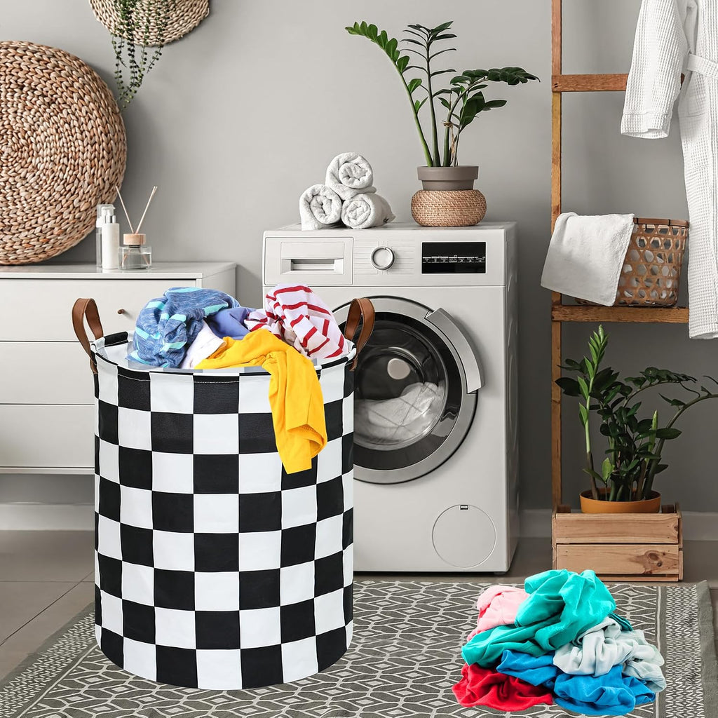 MAIZMZ Checkered Flag Canvas Storage Basket 63L Waterproof Laundry Hamper with Handles, Collapsible Racing Themed Organizer Bin for Boys Bedroom, Toys, Clothes, Gift Giving