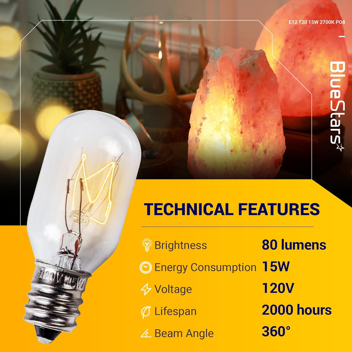 BlueStars E12 T20 Himalayan Salt Lamp Bulb 120V 15W 2700K Warm White