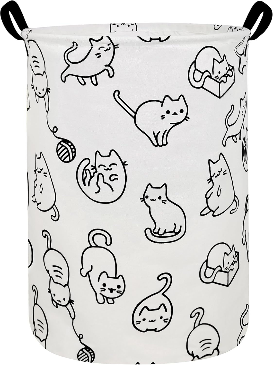 Round Fabric Collapsible Storage Basket with Handles, Black cat
