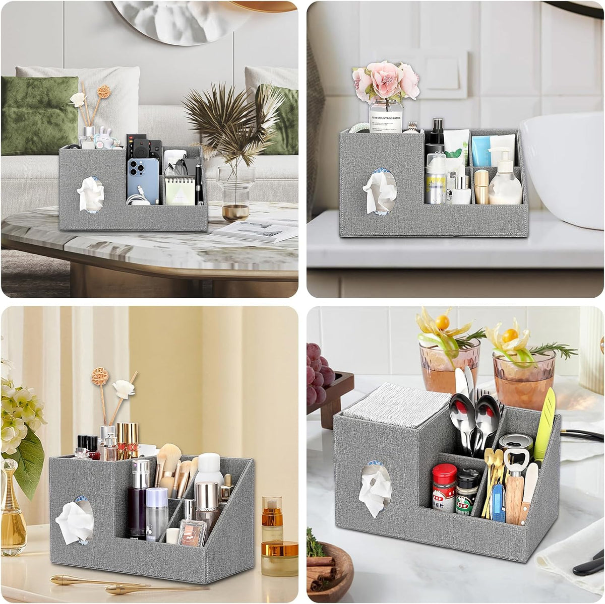 Sumnacon Square Linen Tissue Box Cover with Side and Top Organizer, Grey