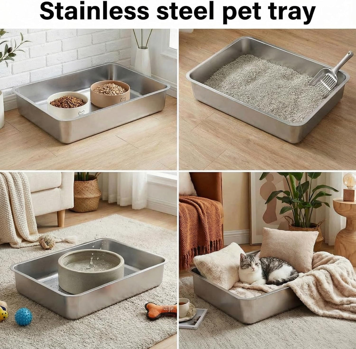 Suclain 2 Pack Stainless Steel Boot Trays for Entryway Under Sink Mat Tray Litter Box for Kitchen Cats Cabin Bathroom Office Storage Decoration, 20 x 14 x 4 in, Non-Slip Rubber Feet(20 x 14 x 4 Inch)