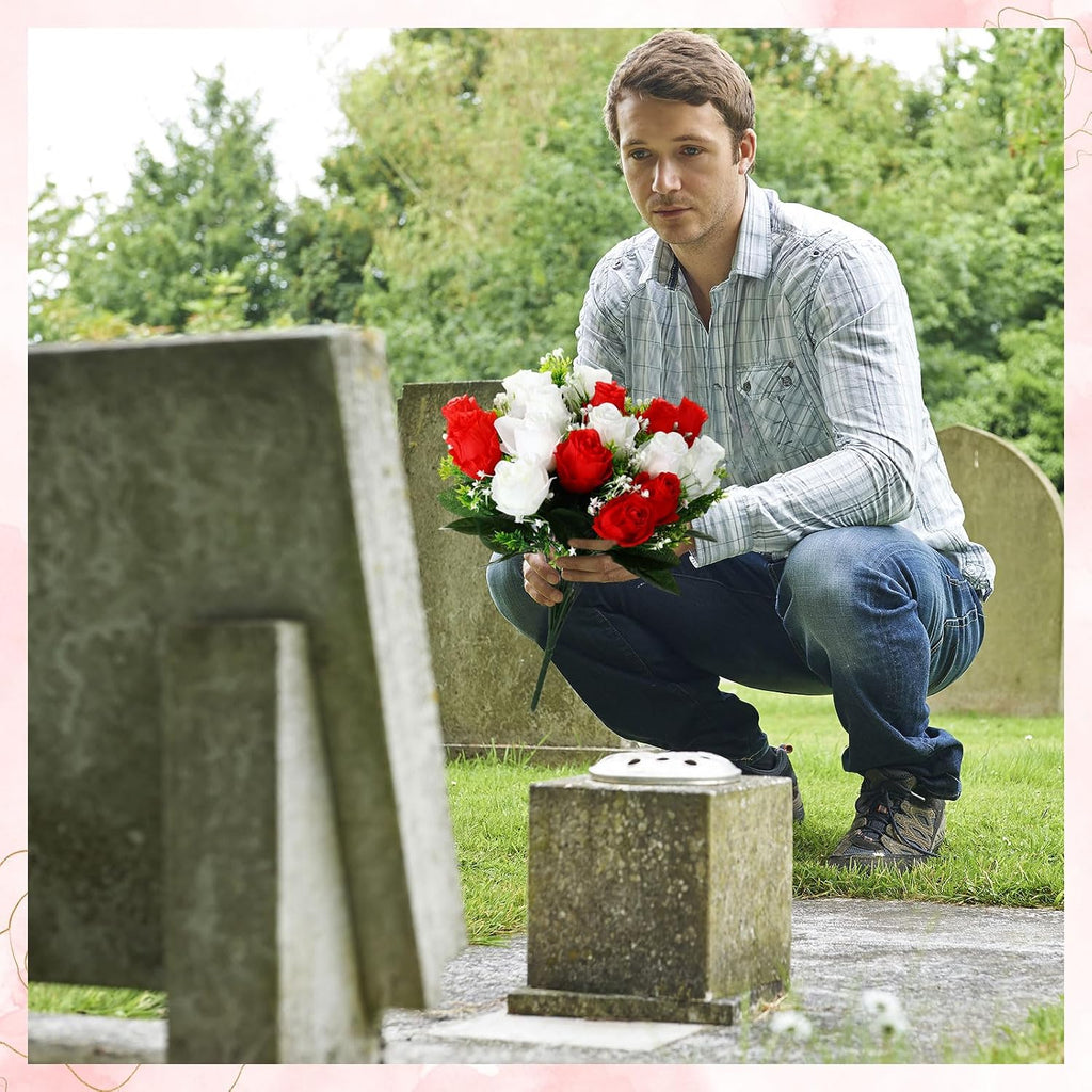 Riceshoot 2 Bouquets Cemetery Flowers for Grave, Red, White