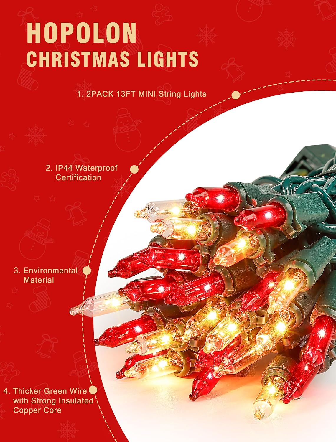 Hopolon Red Warm White Christmas Lights, 2 Pack 50 Count 13FT Green Wire