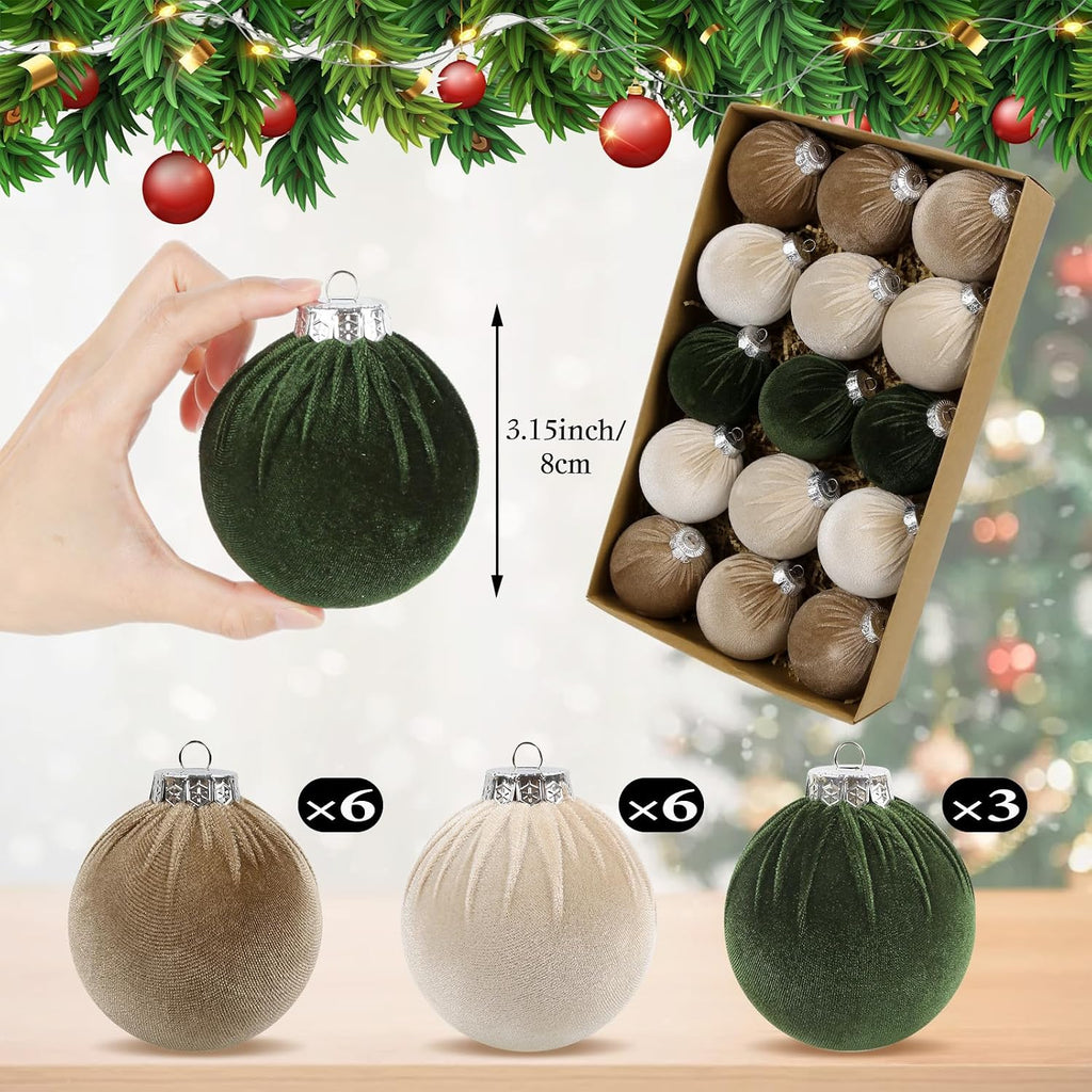 IPOPU 15Pcs Velvet Christmas Ornaments Balls Bulk for Christmas Tree Decoration 3.15in Big Flocked Xmas Hanging Ornaments Set for Home Plastic Large Shatterproof Velvet Ornaments (Green, Brown, Beige)