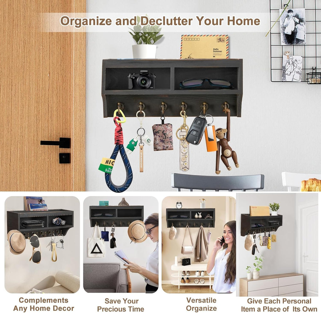 Key Holder Wall Mount with Mail Organizer, 6 Hooks & Shelf, Black