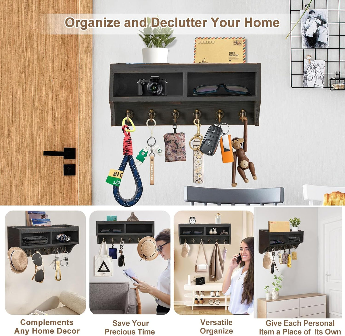 Key Holder Wall Mount with Mail Organizer, 6 Hooks & Shelf, Black