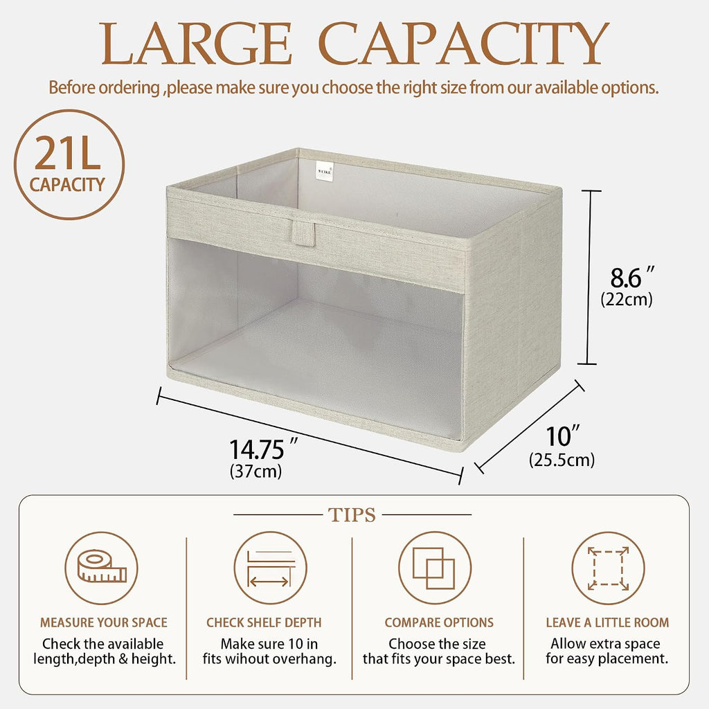 WUIKE Closet Storage Bins, Clear Window, Linen Beige, Large, 3-Pack
