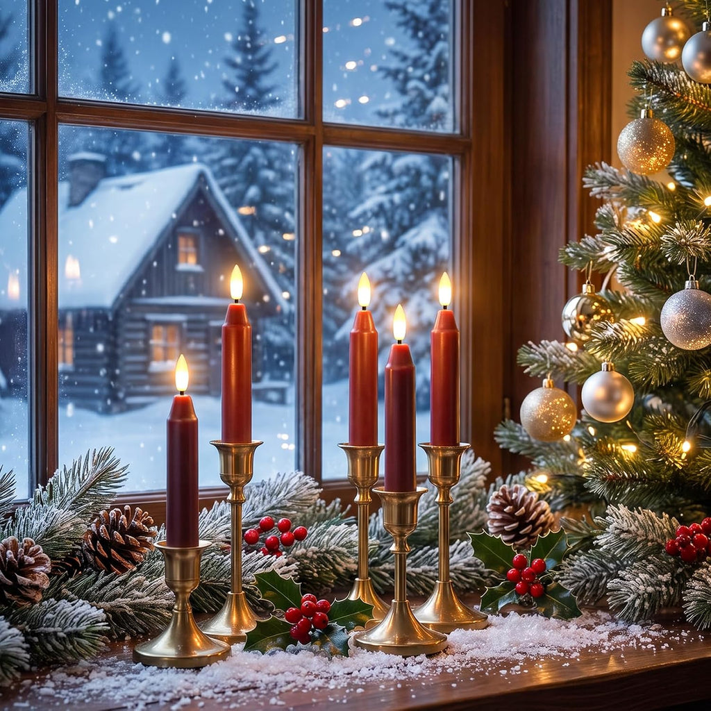 6Inch Flameless Taper Candles with Remote & 6 Batteries, Burgundy