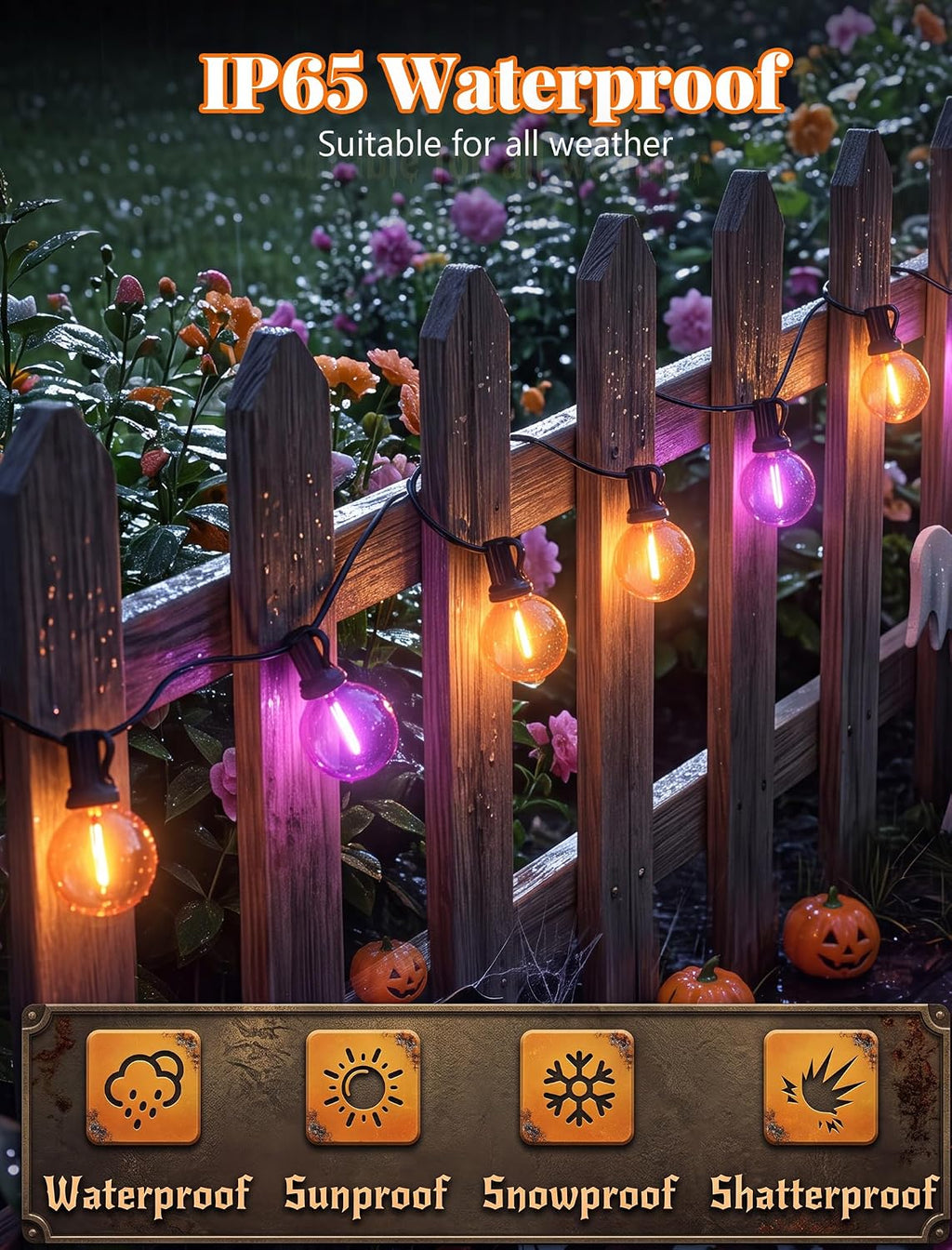 25Ft LED Orange Purple String Lights, Outdoor Halloween Lights