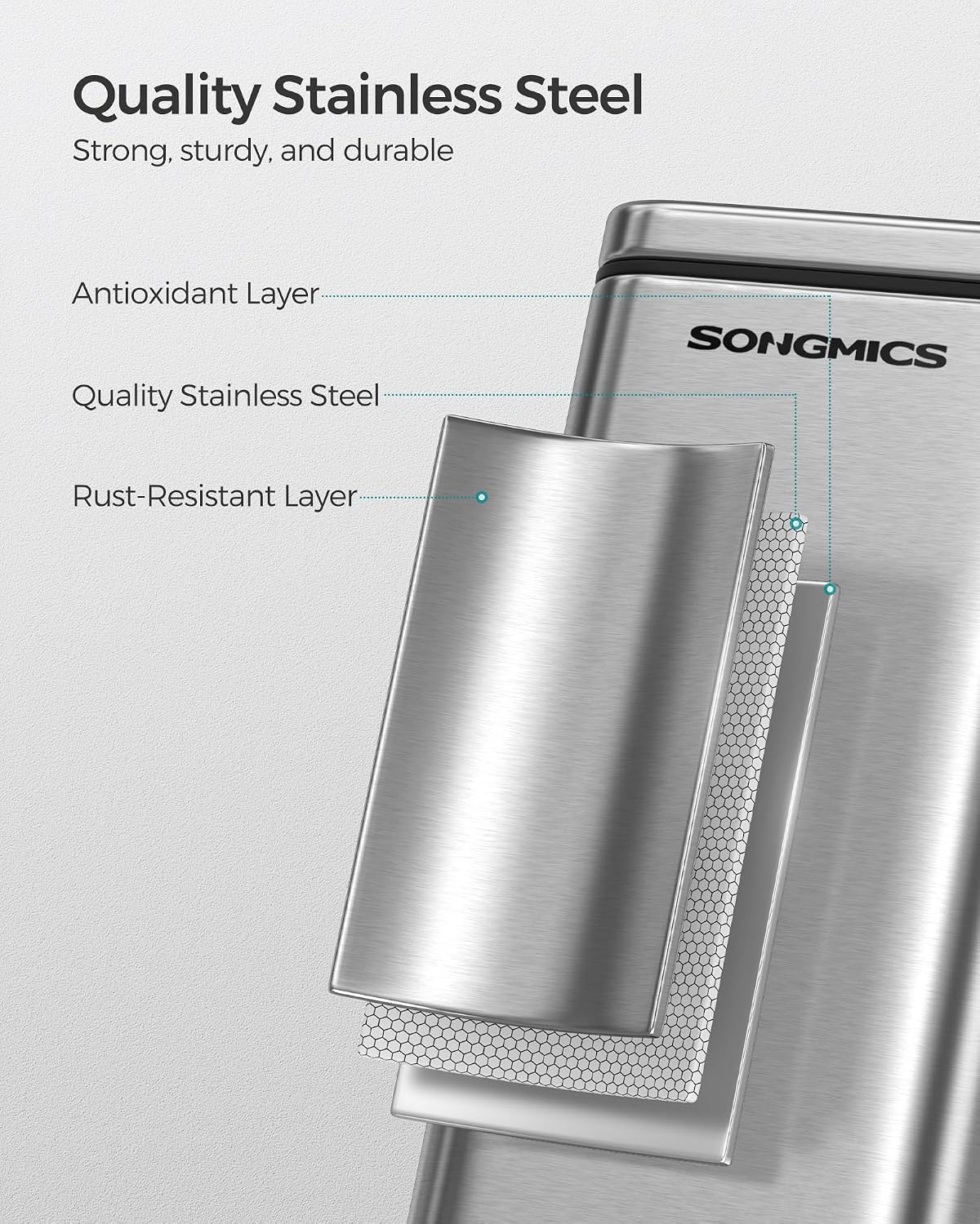SONGMICS Bathroom Trash Can, 1.3 Gallon Stainless Steel Trash Bin with Lid
