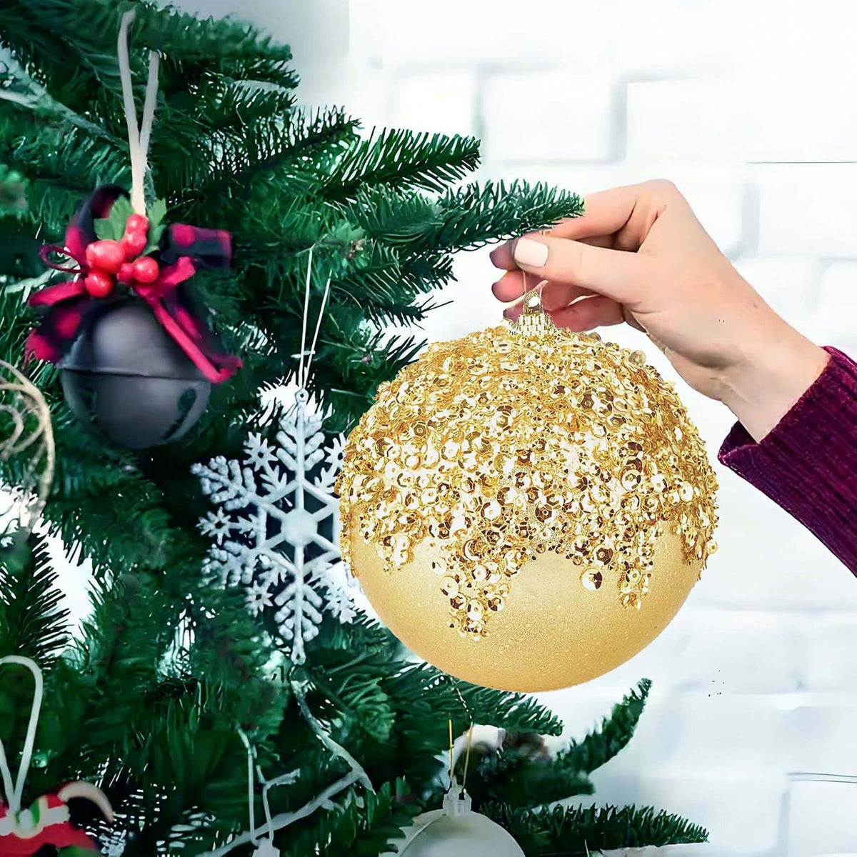 3Pcs Christmas Balls Ornaments -Shatterproof Christmas Ball for Xmas Tree Decorations Hanging,Wedding Party Holiday Decorations Gold Glitter Ball 4.75in x 3 Pack