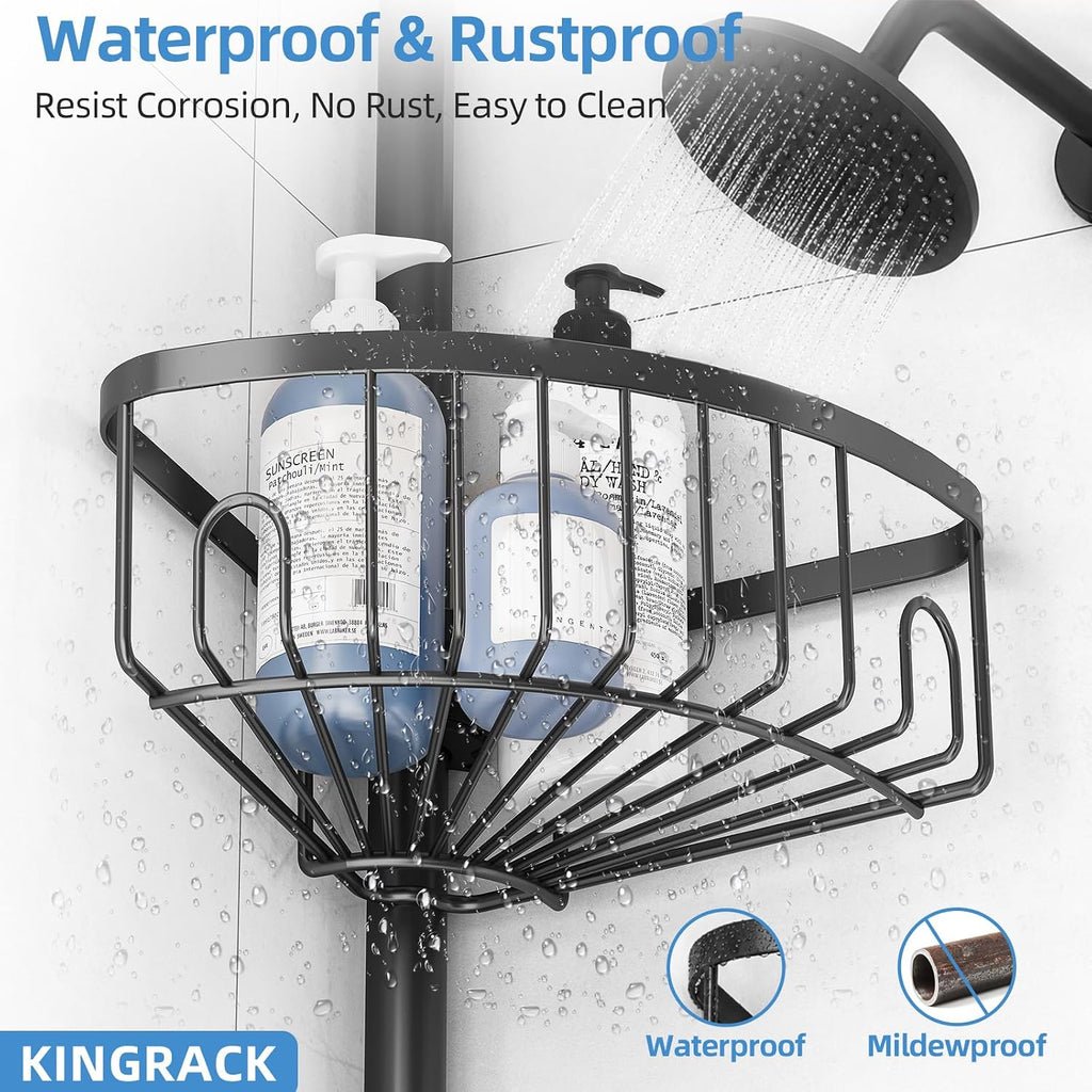 KINGRACK 4-Tier Tension Pole Shower Caddy,Corner Shelf for Storage, Black