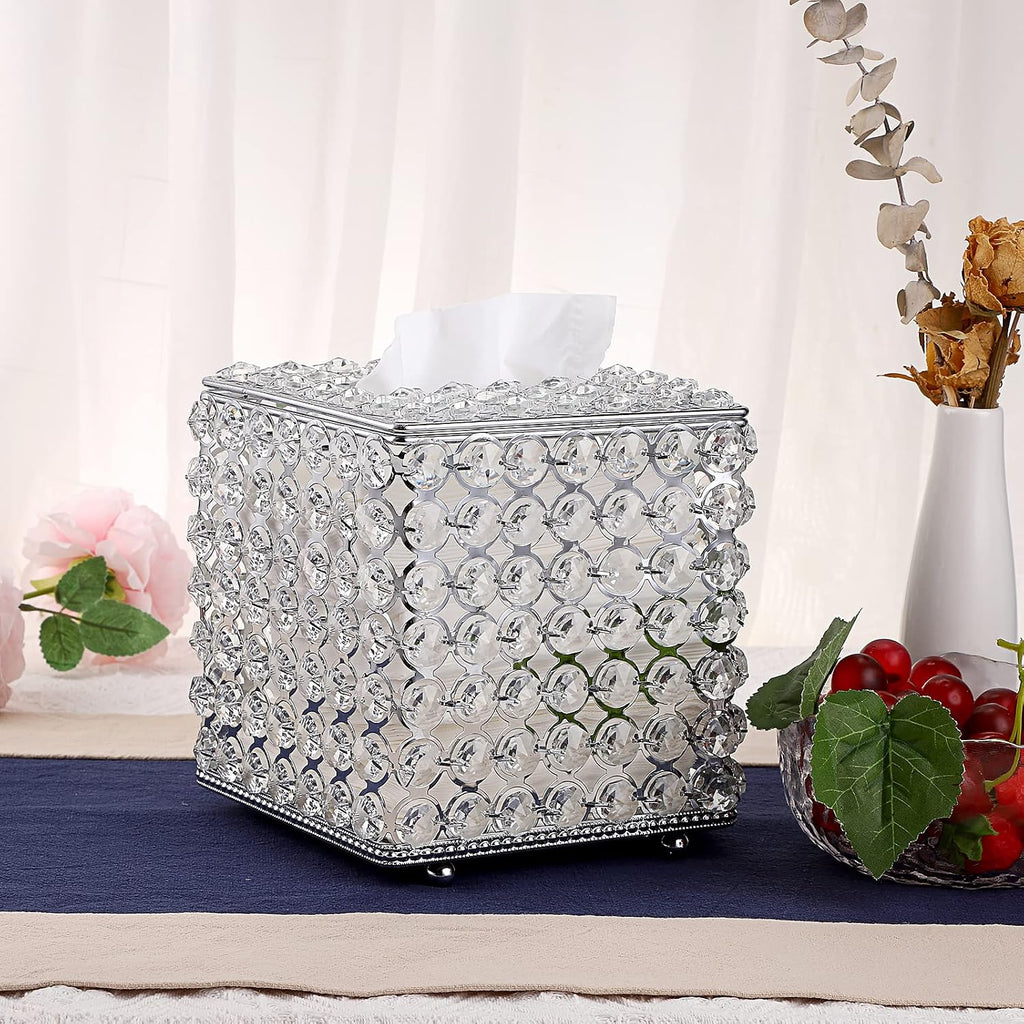 Sumnacon Crystal Square Tissue Box Cover - Decorative Tissue Box Holder, Sparkling Cube Tissue Holder for Bathroom Dresser Night Stand Table Car Store Office Home Decor, Silver
