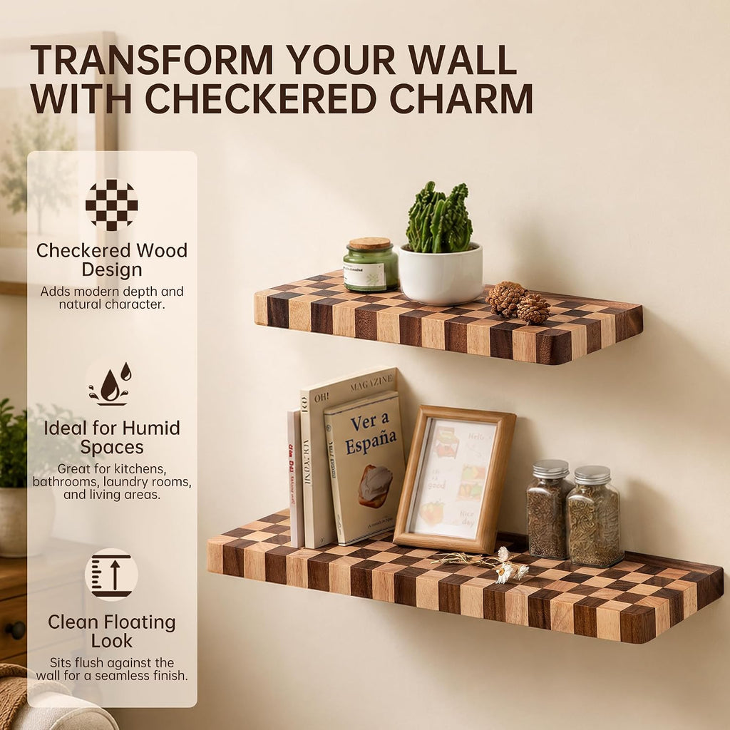 Floating Shelves for Wall, 16 Inch Solid Wood Checkered Wall Shelves