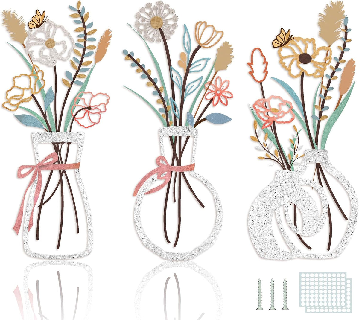 Metal Flowers Wall Decor for Living Room,Boho Floral Wall Art for Kitchen,Rustic Work for Farmhouse,Living Room,Bathroom,Laundry Room,Office,3D Flower Bow Butterfly Sculptures-Housewarming Gifts,3PCS