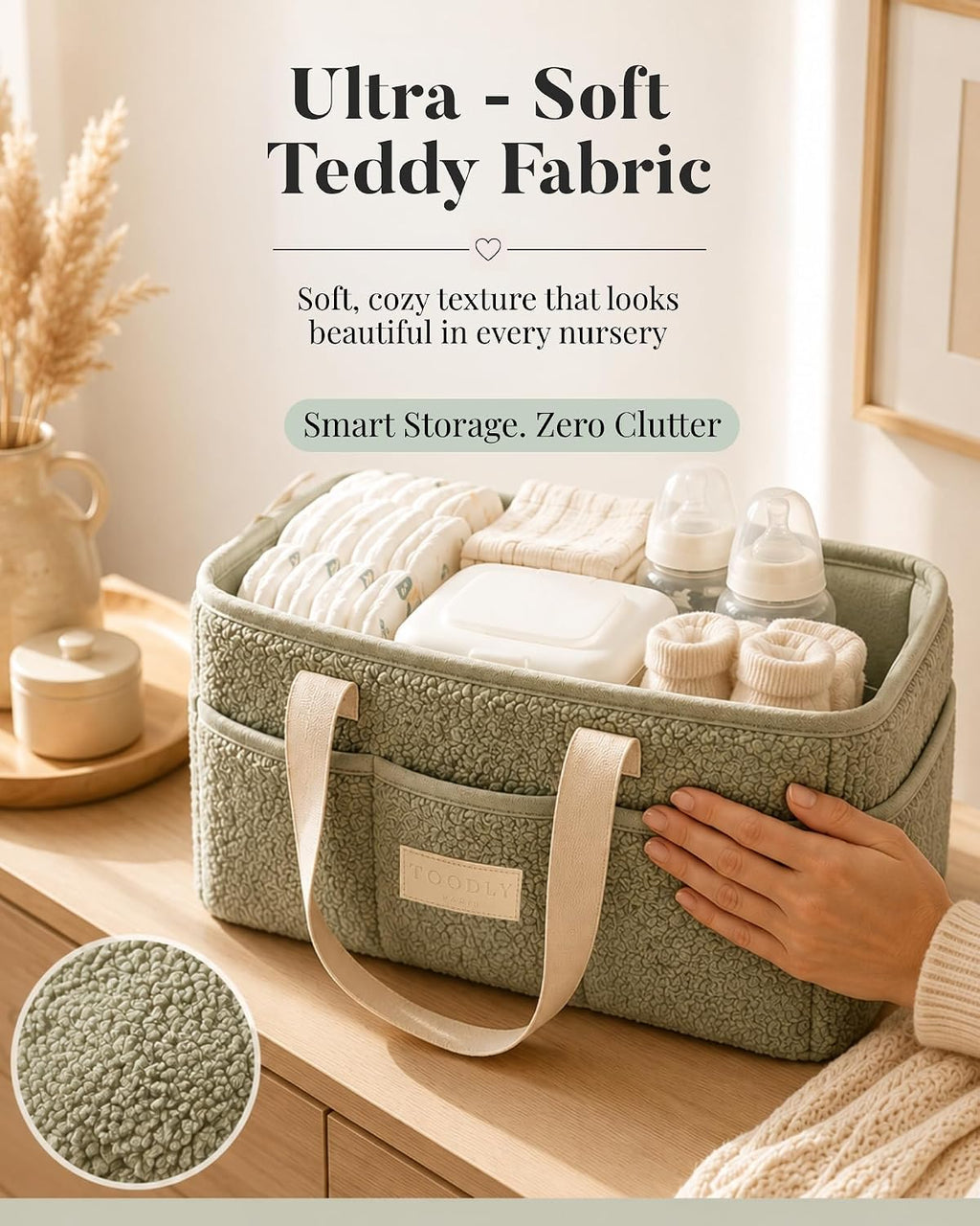 Baby Diaper Caddy Organizer with Portable Changing Mat - Teddy Fleece Diaper Organizer for Changing Table - Basket for Changing Essentials - Baby Essentials Organizer with Removable Dividers