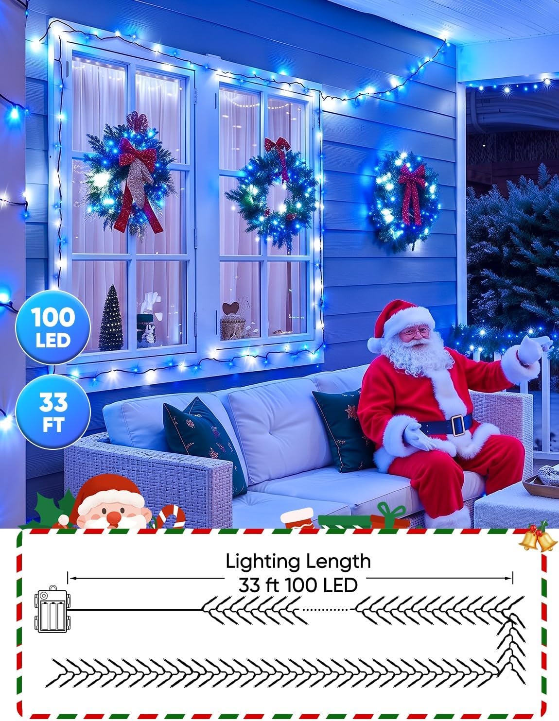 Brightown Christmas Lights Outdoor Battery Operated, 4 Pack Total 132FT 400 LED Battery Fairy Lights with Timer,8 Mode,Waterproof Christmas String Lights for Outside Indoor Bedroom, Blue & White