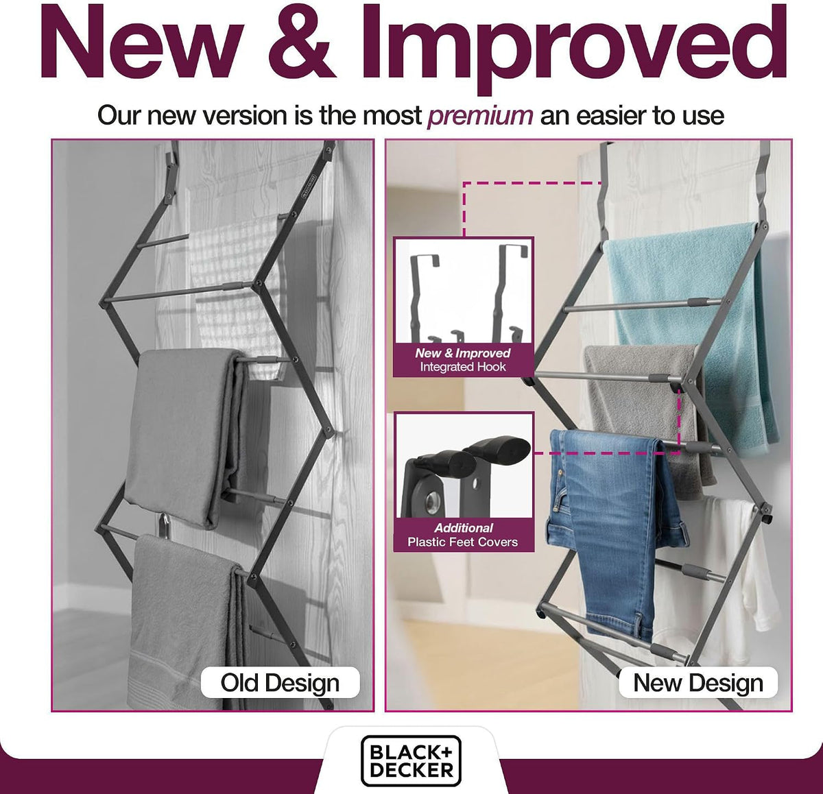 BLACK+DECKER Over The Door Expandable Telescopic Drying Rack, Clothes Organizer, Towel Hanger, Laundry, Collapsible, Gray