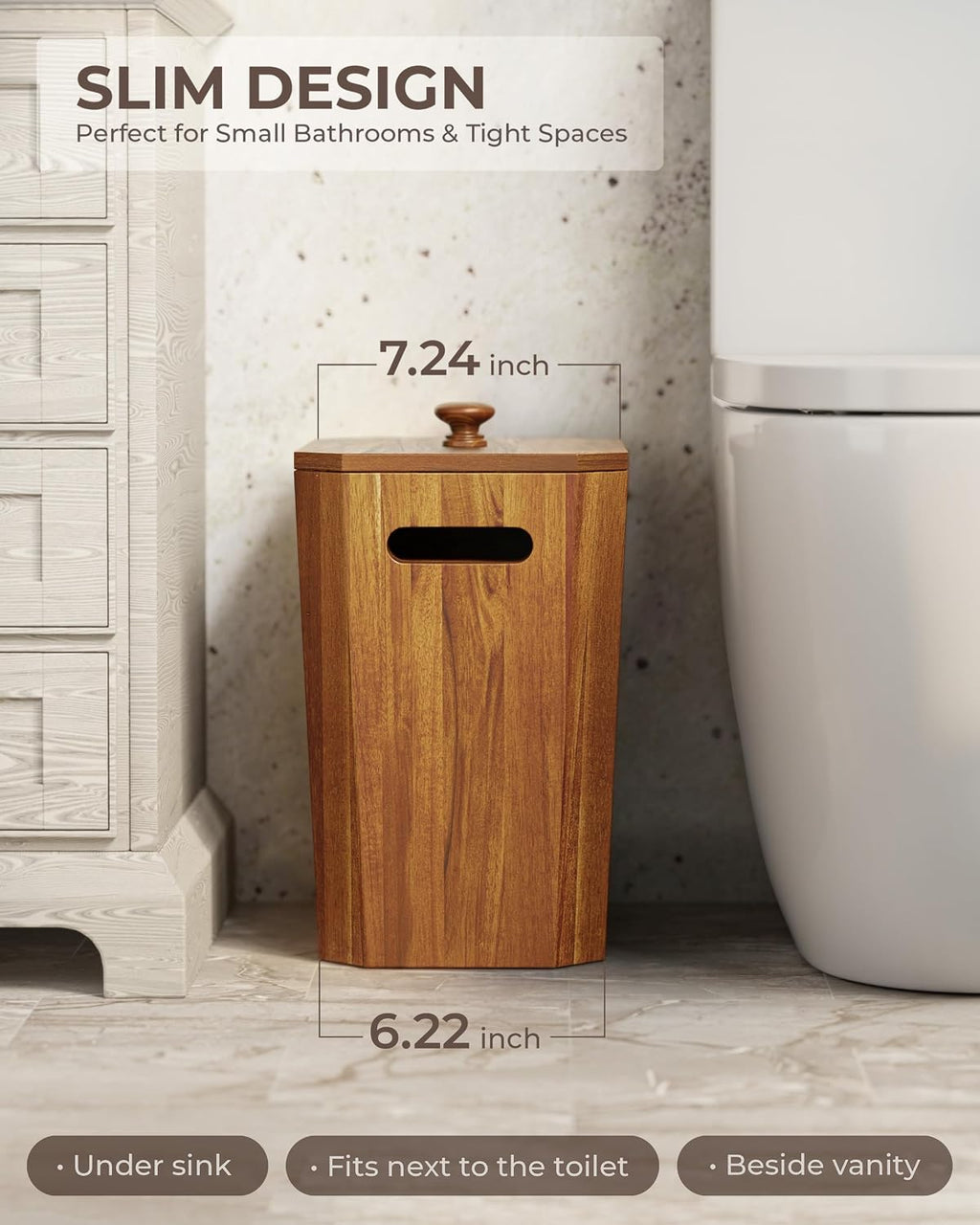 BLUEWEST Acacia Wooden Trash Can with Lid for Bathroom, Bedroom and Office