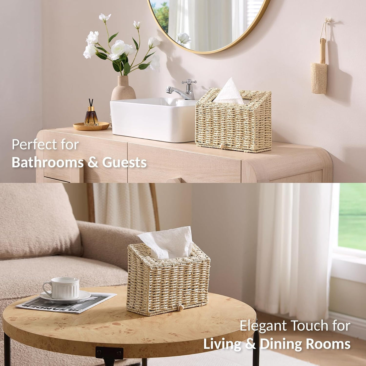 Hand Towel Box Cover, Designed for Kleenex Disposable Hand Towels, Paper Rope Tissue Box for Bathroom, Powder Room, Bedroom (Off-White)