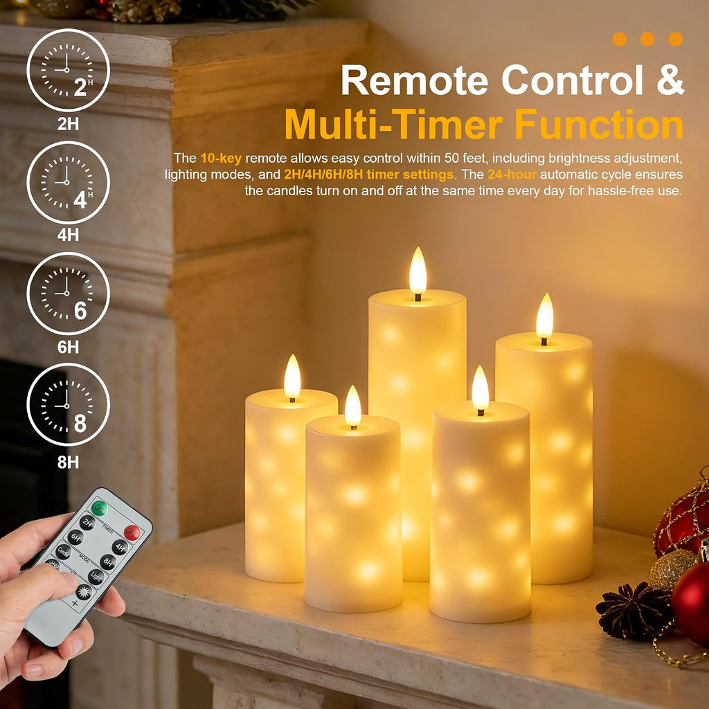 Flameless LED Candles 5 Pack with Timer Remote, Embedded Star String Lights, Battery Operated Flickering Candles for Home Wedding Bedroom Living Room and Festival Decorate