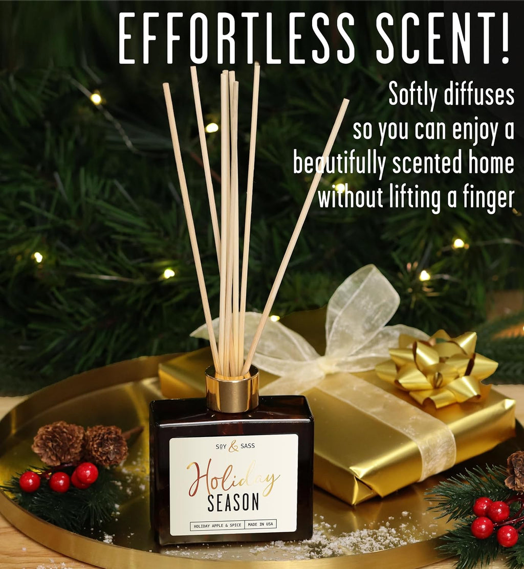 Holiday Diffuser, Holiday Reed Diffusers for Home Christmas Décor - w/Apple & Spice I Infused w/Essential Oils I 3.75 OZ Oil I Long-Lasting Scent Lasts 4-6 Month's I Made in The USA