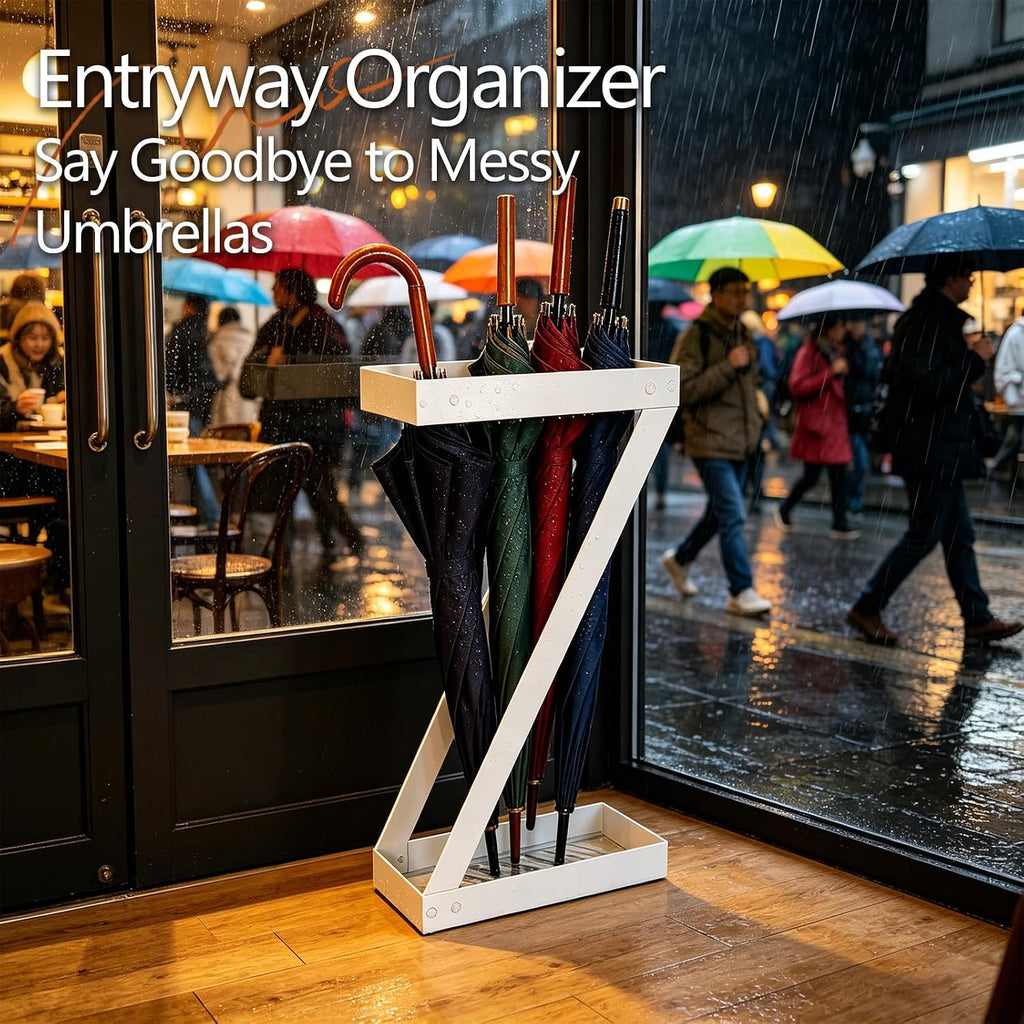 Umbrella Holder for Entryway, White Indoor Umbrella Stand with Hooks,Metal Umbrella Storage Rack Ideal for Home Office Hotel Lobby