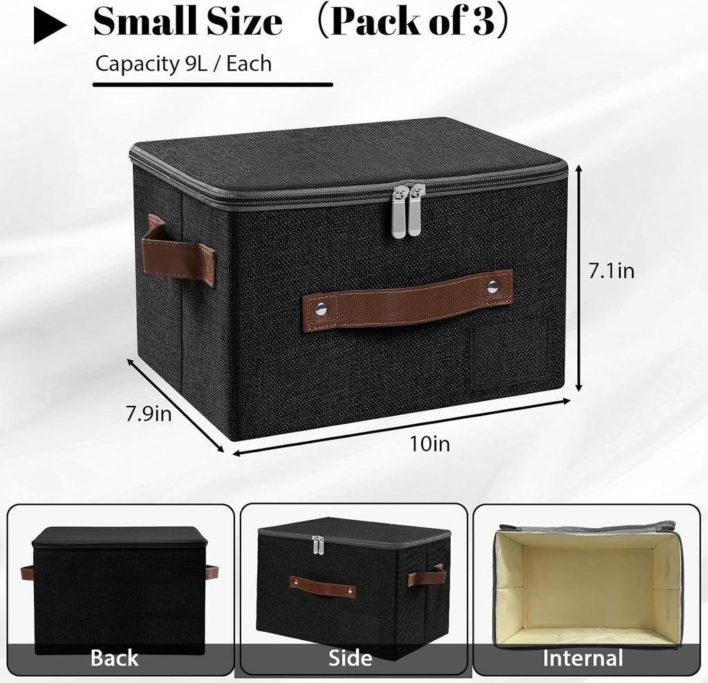 ANMINY Small Storage Box Fabric Bins with Zipper Lid, 10"x8"x7" Black 3PCS