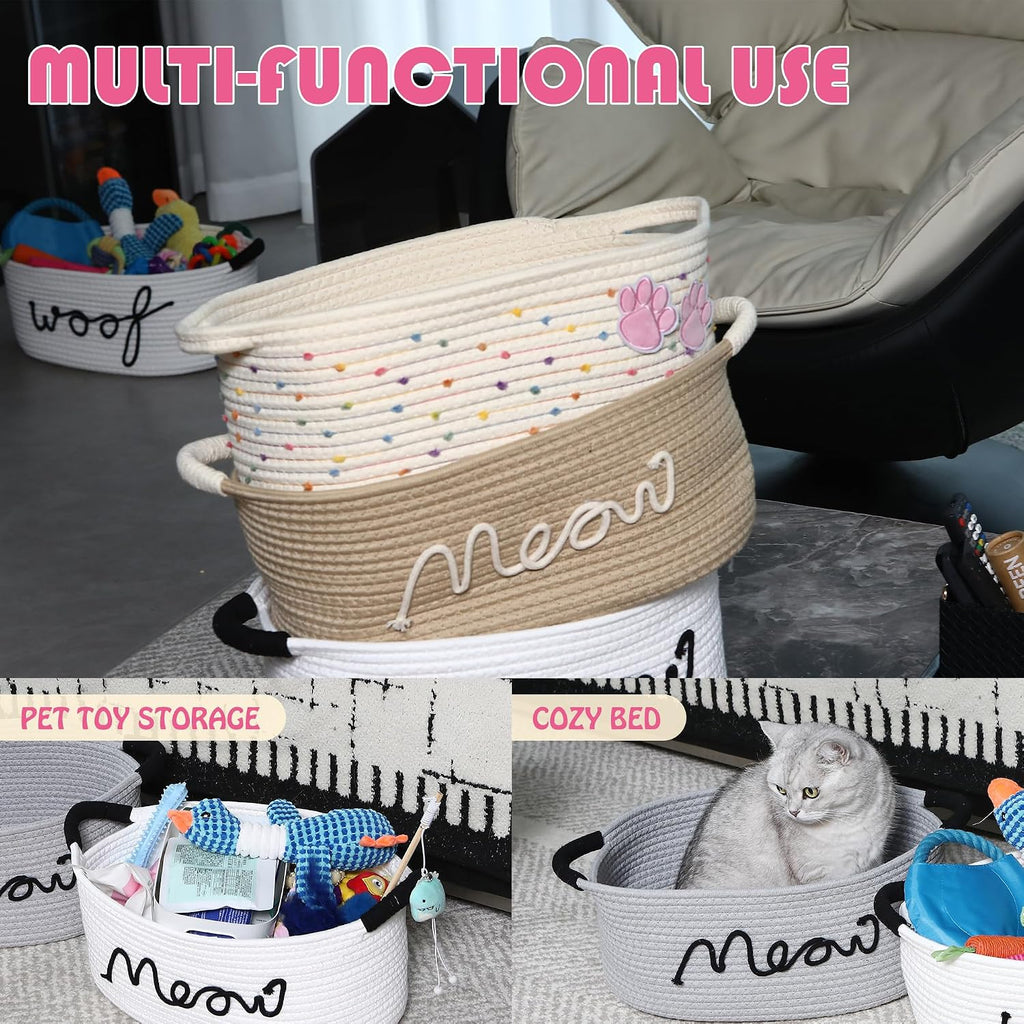 Sea Team Pet Toy Basket with Handles for Cats and Dogs, Rainbow Paw