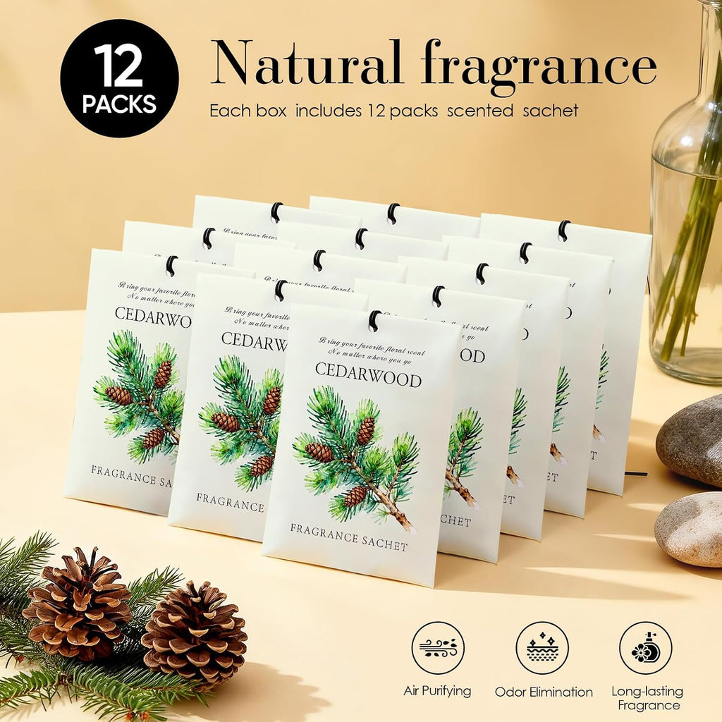 Cedarwood Scented Sachet Bags, 12 Pack for Drawers, Closets and Storage