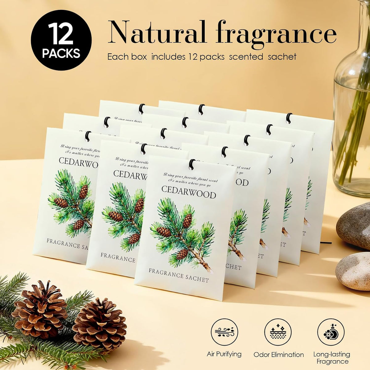 Cedarwood Scented Sachet Bags, 12 Pack for Drawers, Closets and Storage