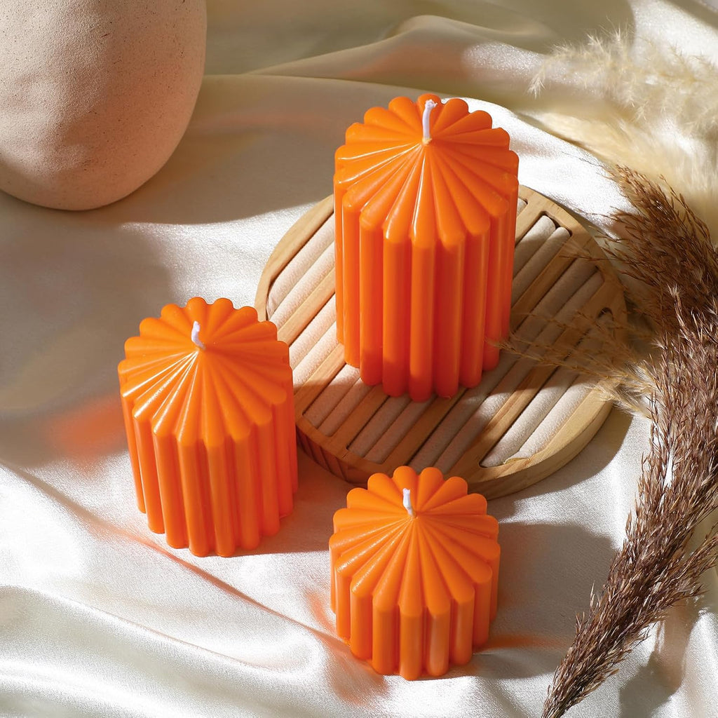 Conelist Set of 3 Fall Orange Ribbed Pillar Candles Soy Wax Scented Candles