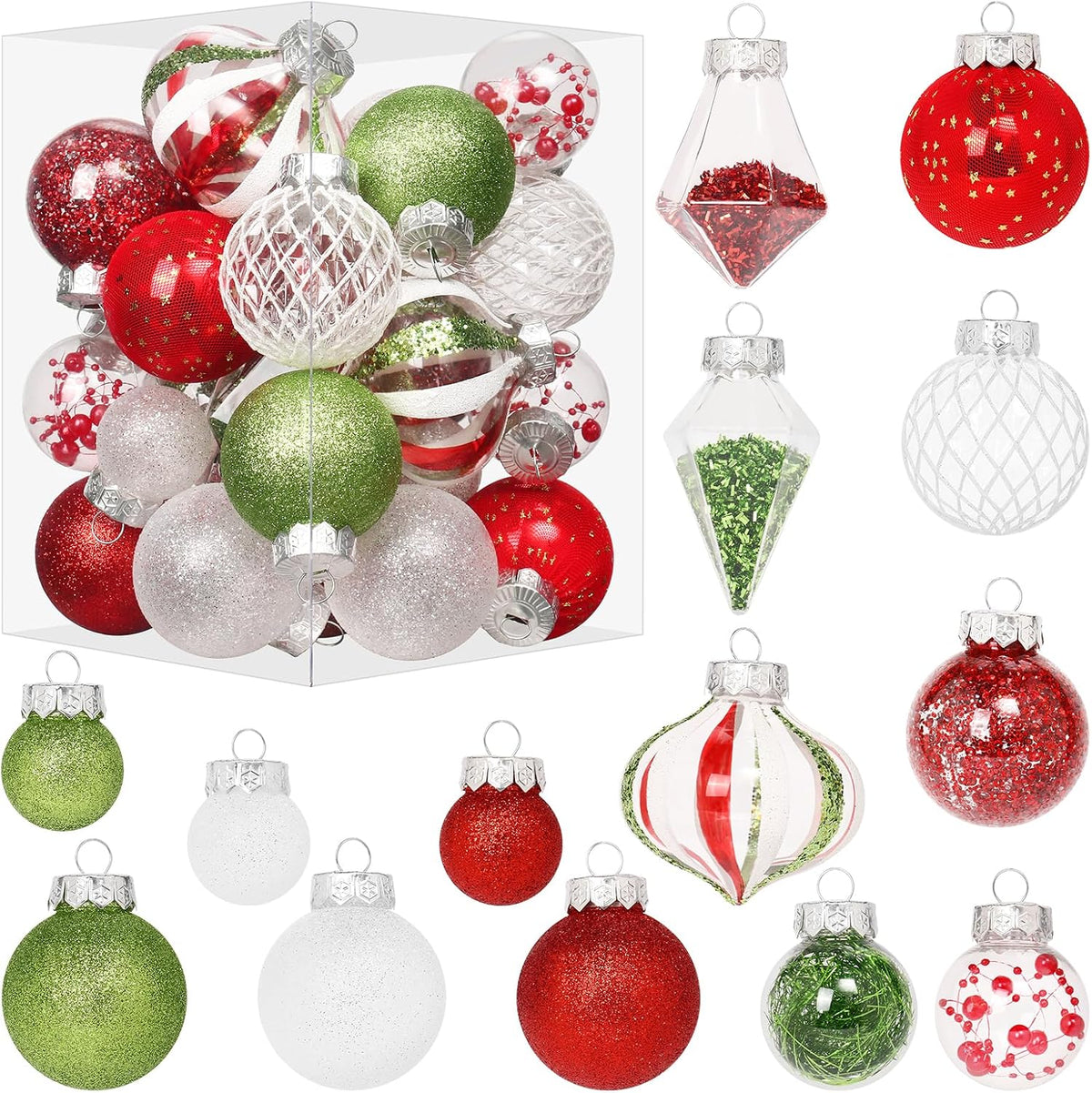 34PCS Red/Green/White Christmas Ball Ornaments Set for Tree Decor