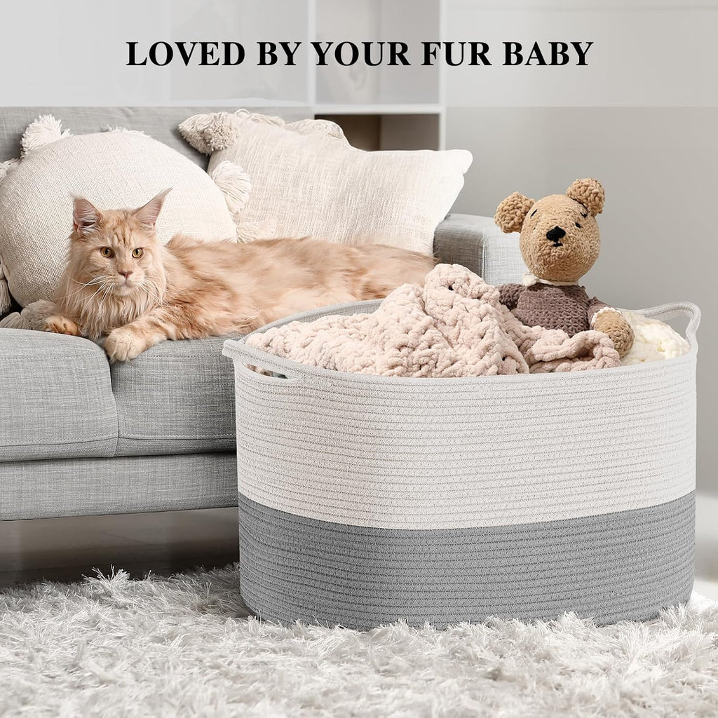 XXXLarge Blanket Basket Living Room - 22" x 22" x 14" Cotton Rope Baskets for Storage - Large Woven Basket for Toys, Towels, Pillows, Clothes- Rope Laundry Basket with Handles - Nursery Hamper Bin