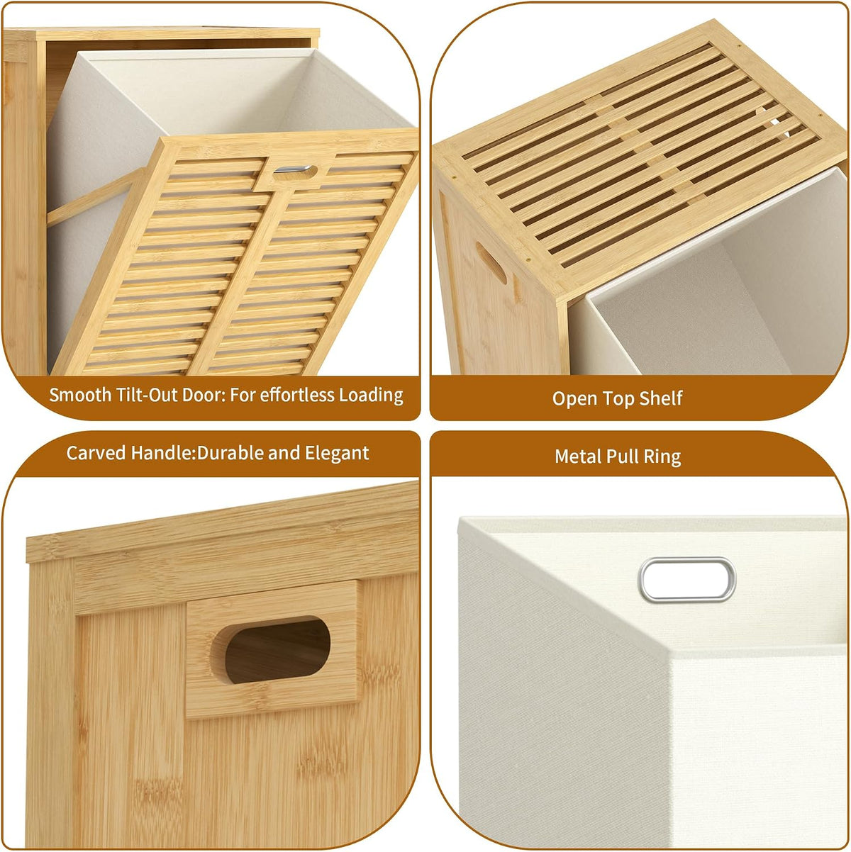VASMIA Tilt Out Laundry Hamper, Bamboo Laundry Cabinet with Hidden Removable Basket,Dirty Clothes Storage Organizer for Bedroom, Bathroom, Living Room, Natural
