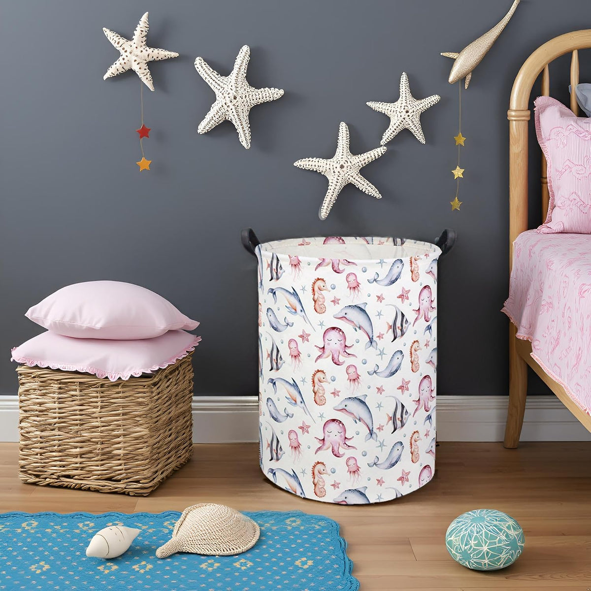 Baby Laundry Basket Baby Hamper for Nursery Girl Kids Ocean Hamper Cute Storage Bin Organizer Pink Room Decor for Home(Pink Ocean)