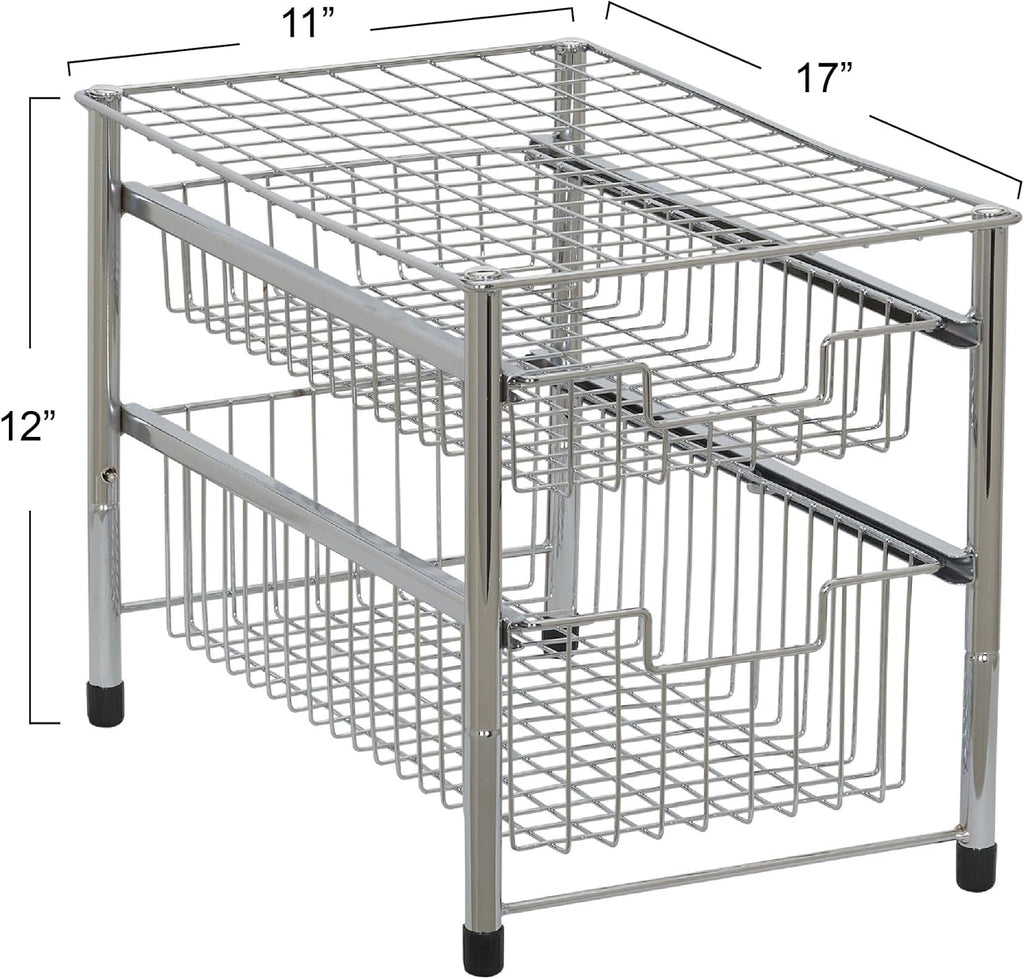 Household Essentials Free Standing Two Basket Sliding Cabinet Organizer with Metal Frame, Silver Finish