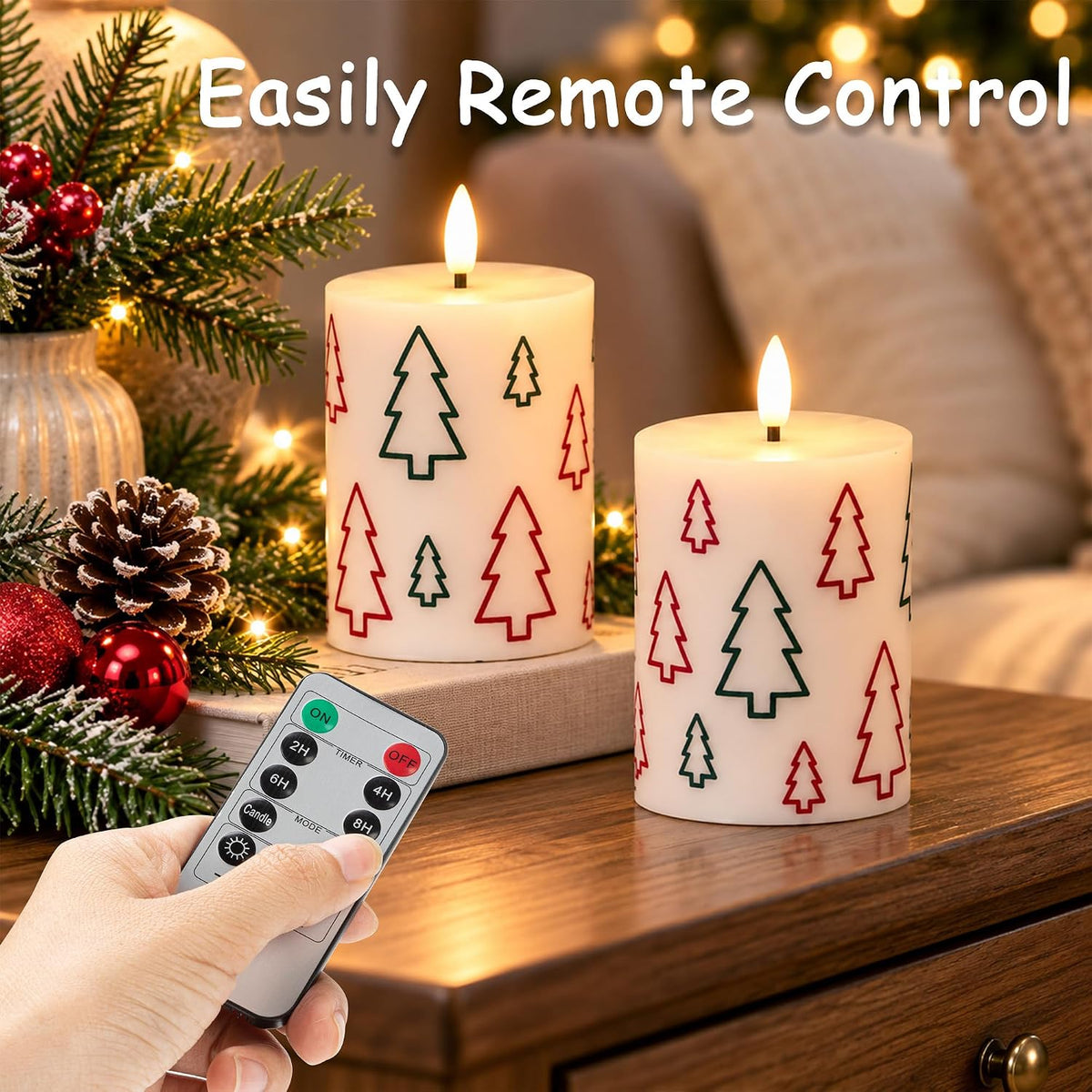 Christmas Tree Flameless Candles Set of 2, LED Battery Candles with Remote