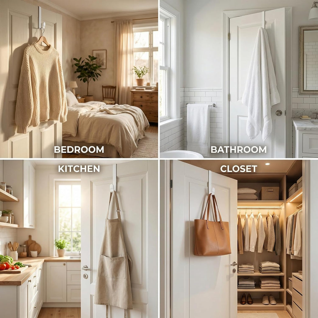 4 Pack Over The Door Hooks - Fitting Door Width Between 1 3/8" and 1 3/4", Reversible Door Hangers for Hanging Clothes, Towels, Coats and More (White) (White, 4 Pack (Long-7.8"))