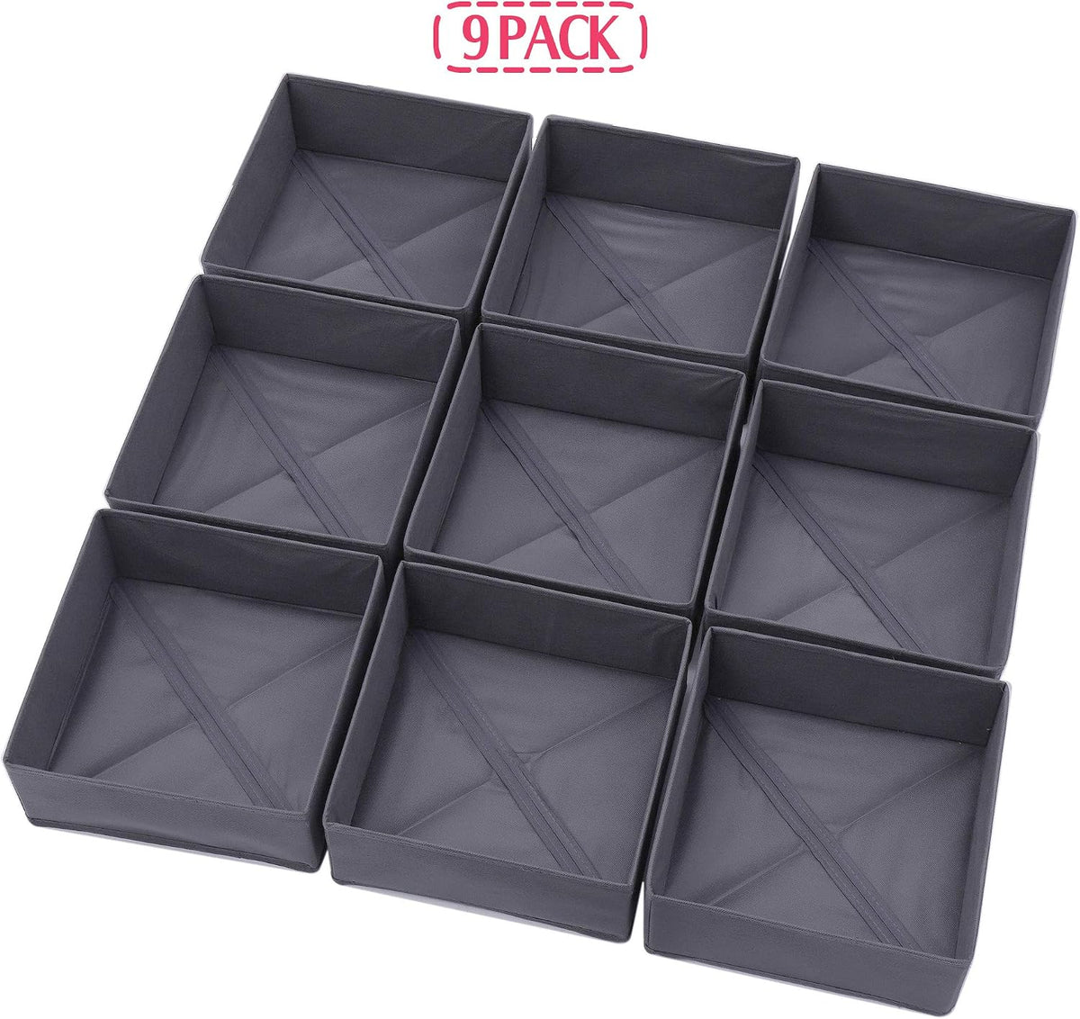 DIOMMELL 9 Pack Foldable Cloth Storage Box Closet Dresser Drawer Organizer Fabric Baskets Bins Containers Divider for Clothes Underwear Bras Socks Clothing, Dark Grey 900