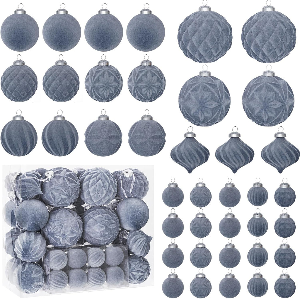 46PCS Velvet Christmas Ball Ornaments Set, Flocked Shatterproof Xmas Tree Decor, Assorted Hanging Ornaments with Loop for Holiday Home Decor, Christmas Tree Decoration (Gray Blue)