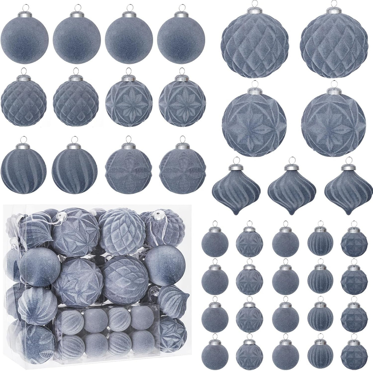 46PCS Velvet Christmas Ball Ornaments Set, Flocked Shatterproof Xmas Tree Decor, Assorted Hanging Ornaments with Loop for Holiday Home Decor, Christmas Tree Decoration (Gray Blue)