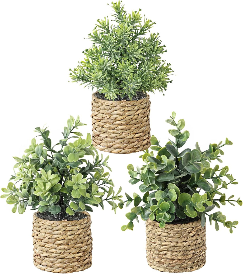 Small Fake Plants, 3 Pack Artificial Potted Plants with Seagrass Pots