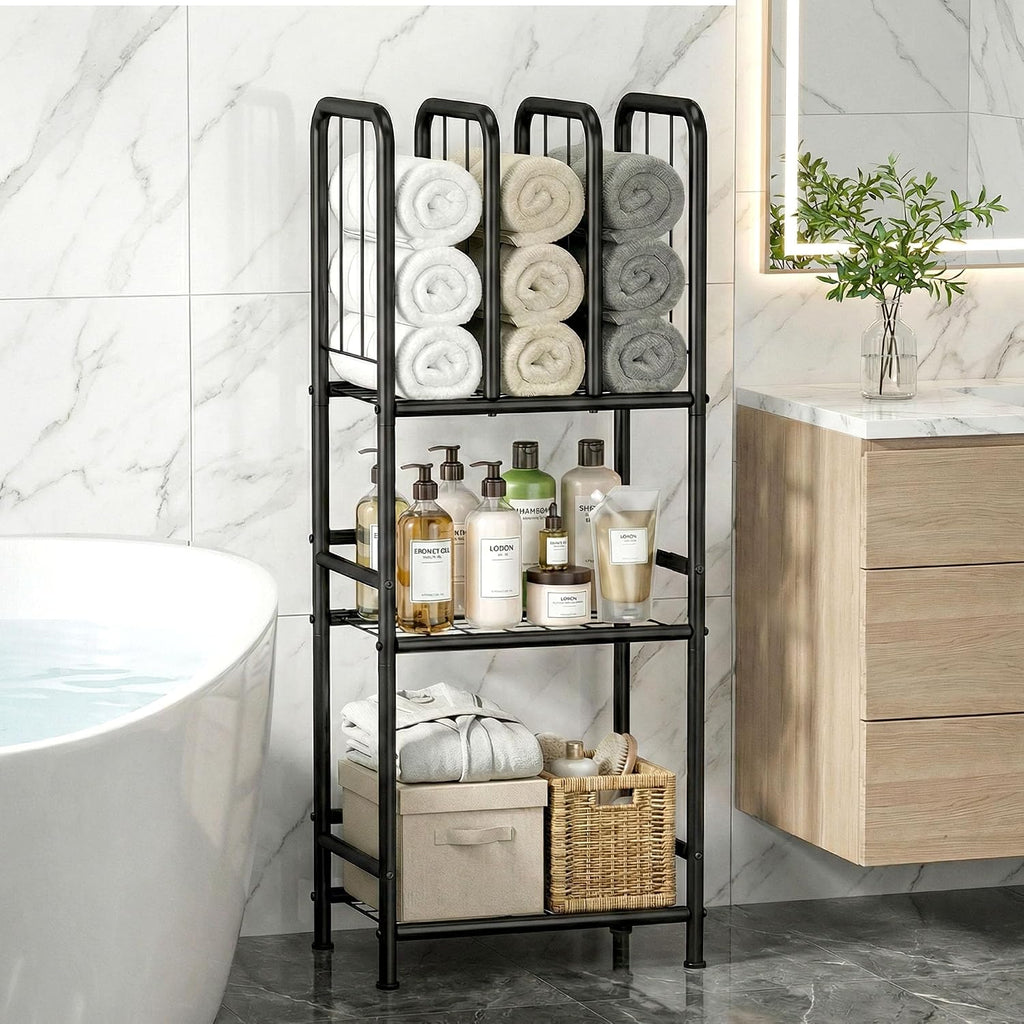 3-Tier Towel Storage for Bathroom, Freestanding Towel Rack with Dividers