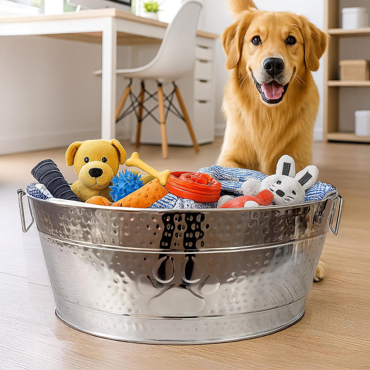 BREKX Stainless Steel Indestructible Dog Toy Bin - Pet Storage Bin with Handles, Large Organizer Storage Basket for Pet Toys, Blankets, Leashes - Pawprint Design Home Decor (Silver - 25 Quart)