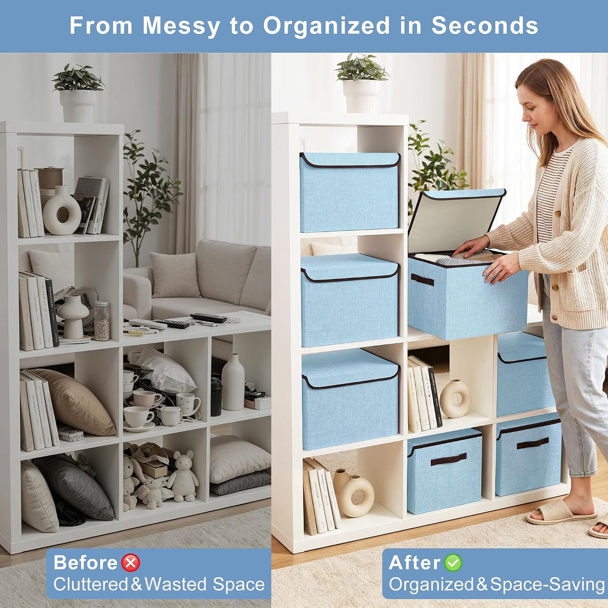 Bagnizer Foldable Storage Bins with Lids, Decorative Storage Baskets, Large Storage Boxes for Home, Office, Bedroom, Closet, Blue, Medium, 4 Pack 14.6 x 9.5 x 9.5”