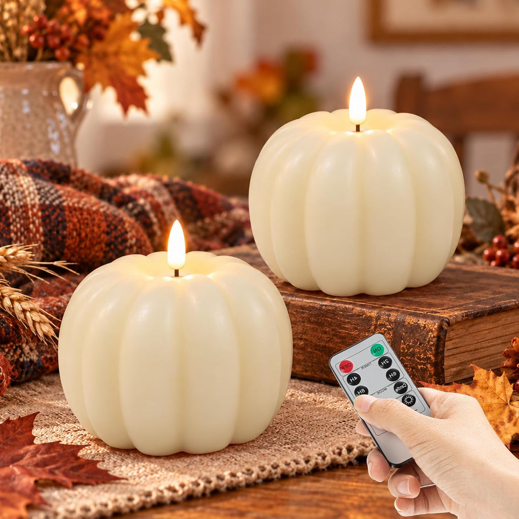 Fall Decor Pumpkin Flameless Candles with Remote LED Candles Ivory Set of 2