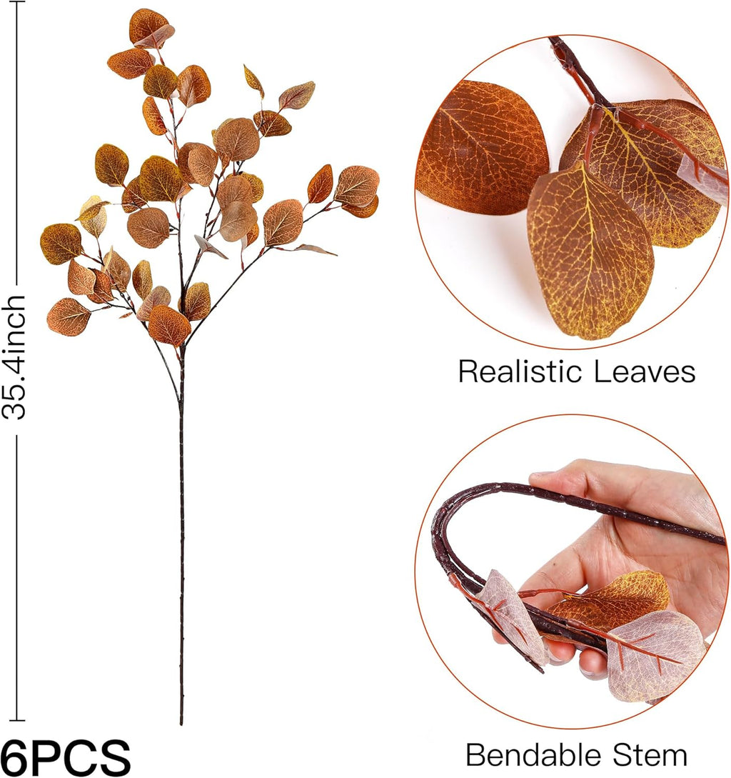 Sggvecsy 6 Pcs Fall Eucalyptus Leaves Artificial Eucalyptus Stems Long Silver Dollar Leaves Autumn Leaf Branches Fake Silk Eucalyptus for Indoor Home Autumn Thanksgiving Decor (Mixed Fall Color)